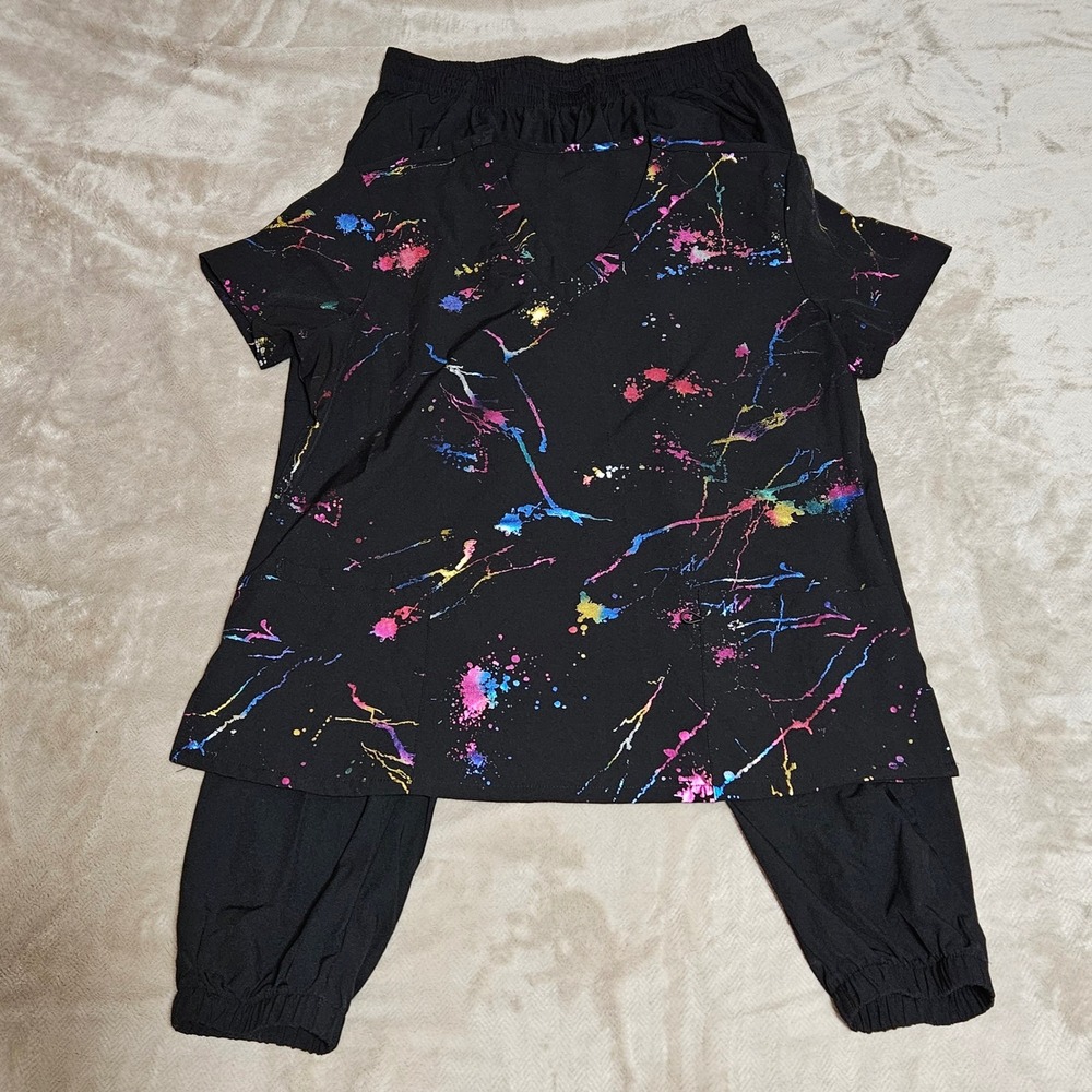 Womens Scrub Set Black Paint Splatter V-Neck Top Large Jogger Pants XL